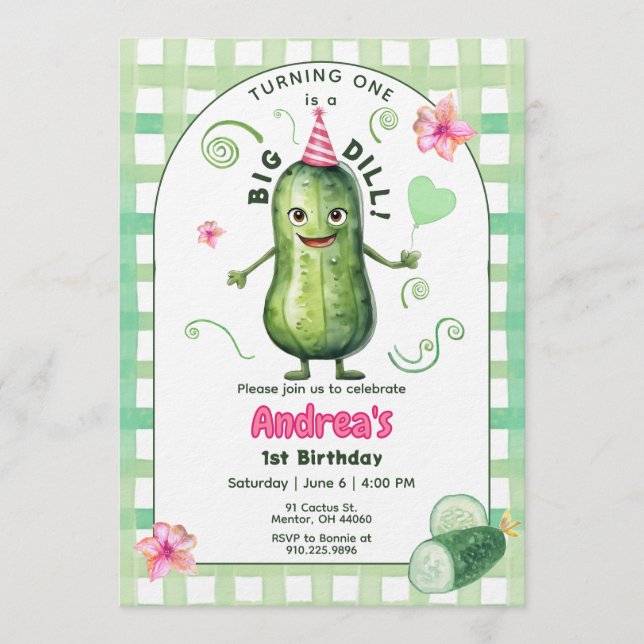 One Big Dill Pickle First Birthday Pink Invitation (Front)