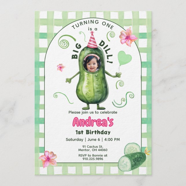 One Big Dill Pickle First Birthday Pink Photo Invitation (Front)
