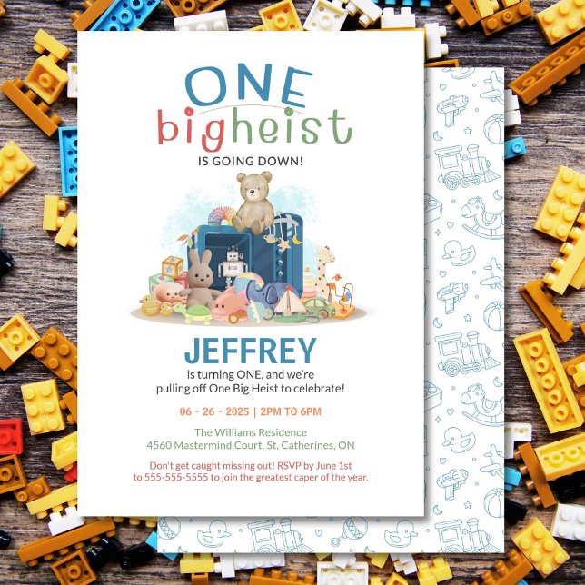 ONE Big Heist First Birthday Invitation (One Big Heist birthday invite for a fun, toy heist first celebration!)