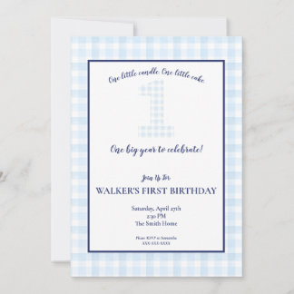 ONE Big Year - Classic Blue Gingham Birthday Invit Invitation