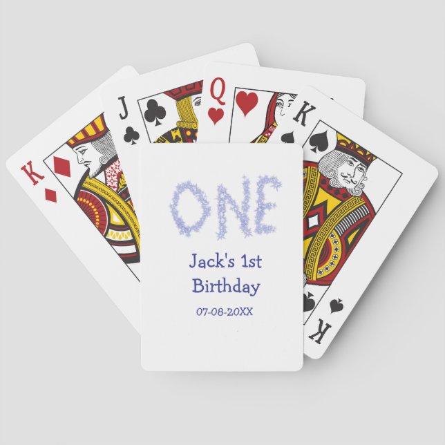 One blue glitter boy modern 1st birthday  playing cards (Back)