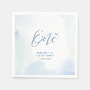 One   Blue Heart & Watercolor Boy 1st Birthday Napkin
