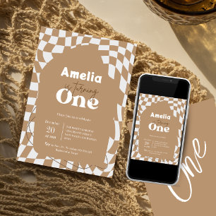 One! Boho Chequered Gingham 1st birthday Invitation