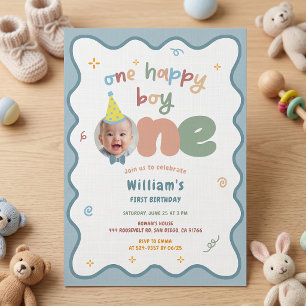 One Boy 1st Birthday Colourful Invitation