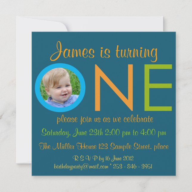 "ONE" Boy first birthday party photo invitations (Front)