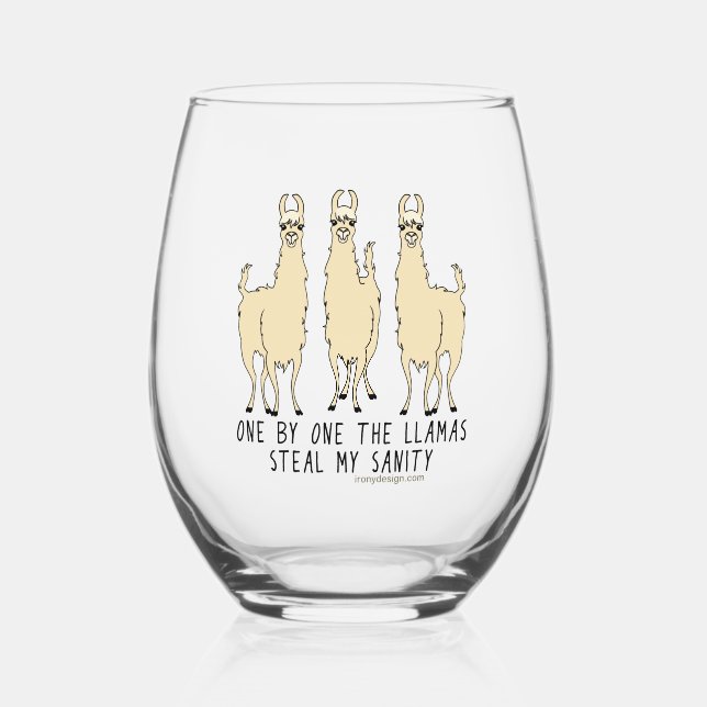 One by One the Llamas Steal my Sanity Funny Stemless Wine Glass (Front)