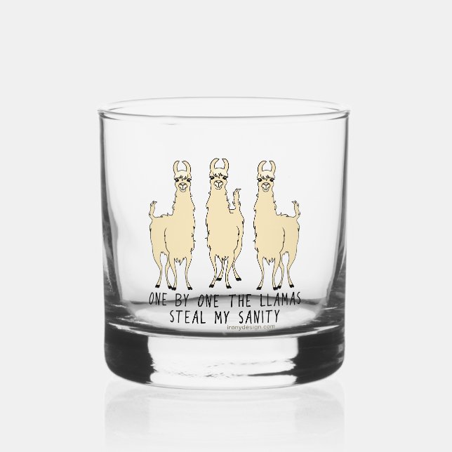 One by One the Llamas Steal my Sanity Funny Whiskey Glass (Front)