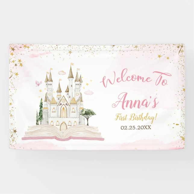 One-ce Upon A Time Princess 1st Birthday Party Banner (Horizontal)