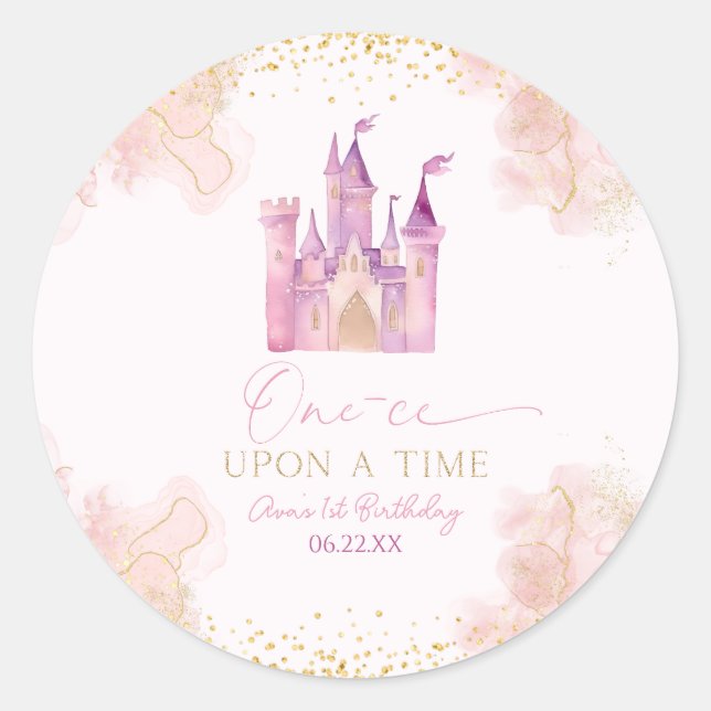One-ce Upon A Time Princess 1st Birthday Party Classic Round Sticker (Front)