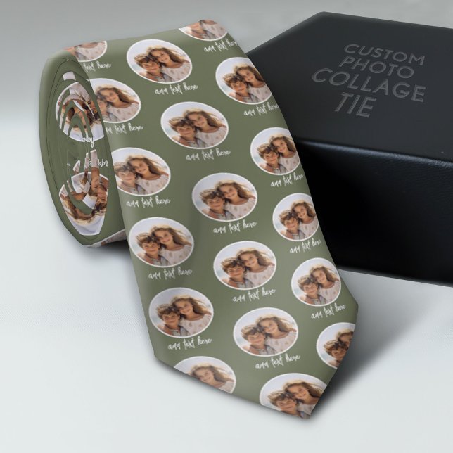 One Circle Photo with text - grey green Tie (Photo Collage Neck Tie - Add Your Favorite Photos)