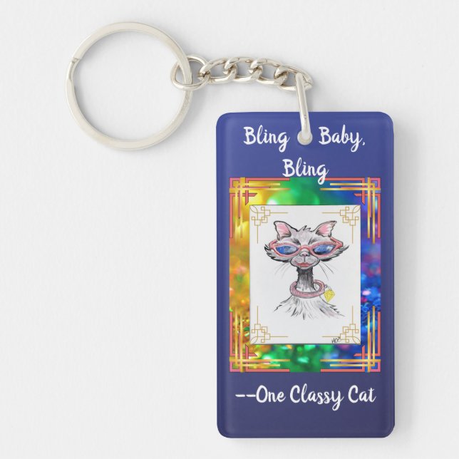 One Classy Cat Funny Bling Cat Keychain (Front)