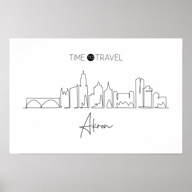 One Continuous Line Drawing Of Akron Skyline  Poster (Front)