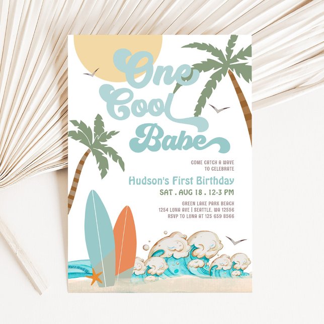ONE Cool Babe Surfing Boy 1st Birthday Beach Party Invitation (Creator Uploaded)