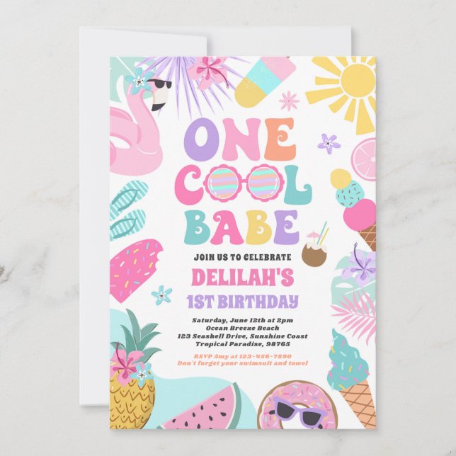 One Cool Babe Tropical Summer 1st Birthday Party Invitation (Front)