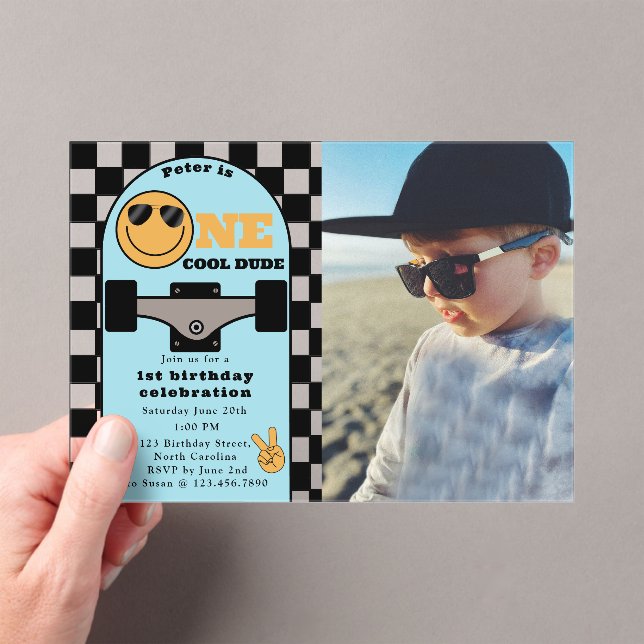 One Cool Dude 1st First Birthday Skateboard Photo Acrylic Invitations (Insitu (Handheld))
