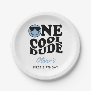 One Cool Dude Blue Retro Happy Face 1st Birthday  Paper Plate