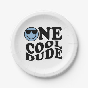 One Cool Dude   Blue Retro Preppy Smile Birthday  Paper Plate