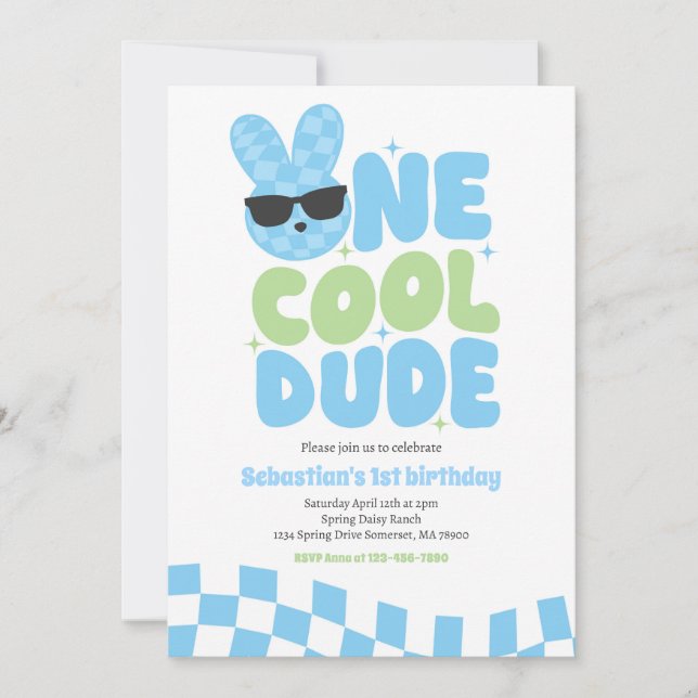 One Cool Dude Boy Spring Bunny 1st Birthday Party Invitation (Front)