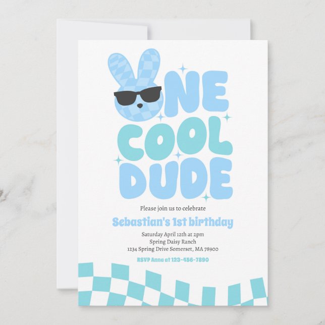 One Cool Dude Boy Spring Bunny 1st Birthday Party Invitation (Front)
