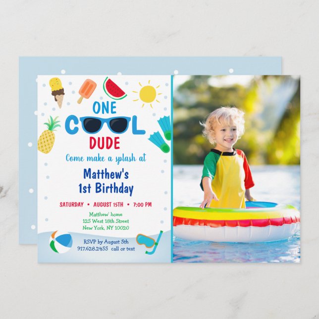  One Cool Dude Boys Pool Party Birthday Invitation (Front/Back)