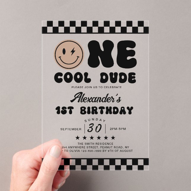 One Cool Dude First Birthday Acrylic Invitation (Insitu (Handheld))