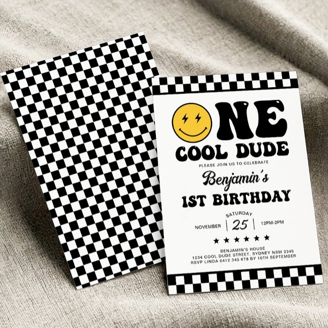 One Cool Dude Happy Face Boy First 1st Birthday Invitation (Creator Uploaded)