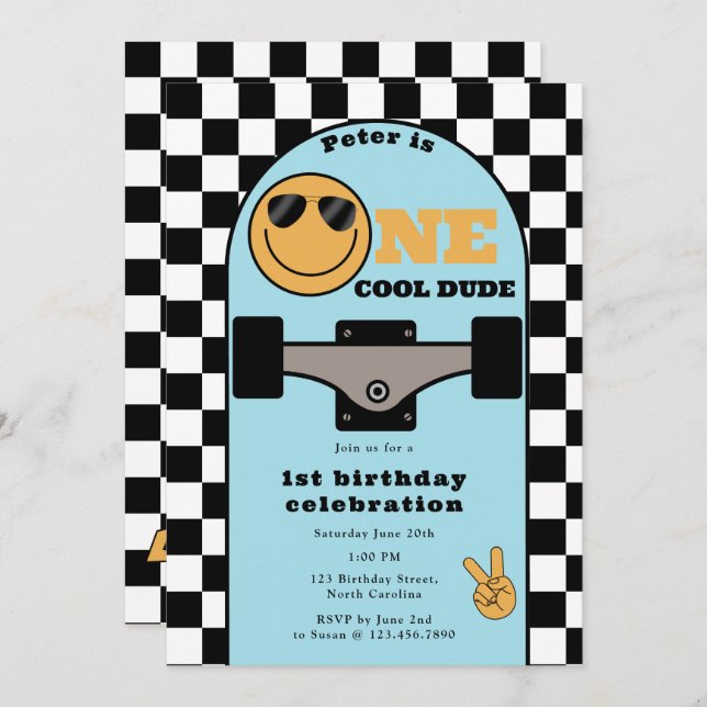 One Cool Dude Invite 1st First Birthday Skateboard (Front/Back)
