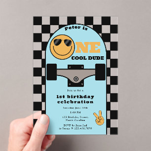 One Cool Dude Invite 1st First Birthday Skateboard Acrylic Invitations