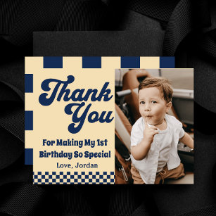 One Cool Dude Retro Boy 1st Birthday Party Photo  Thank You Card