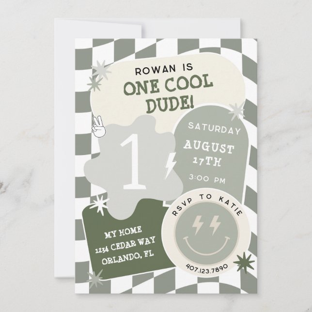 One Cool Dude Retro Chequerboard 1st Birthday  Invitation (Front)
