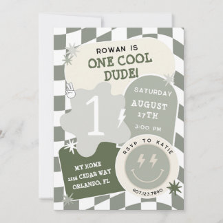 One Cool Dude Retro Chequerboard 1st Birthday  Invitation