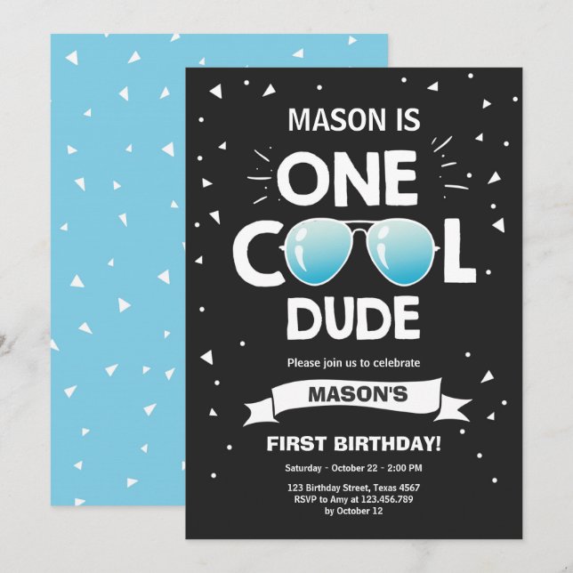 One Cool Dude Sunglasses Boy First Birthday Invita Invitation (Front/Back)