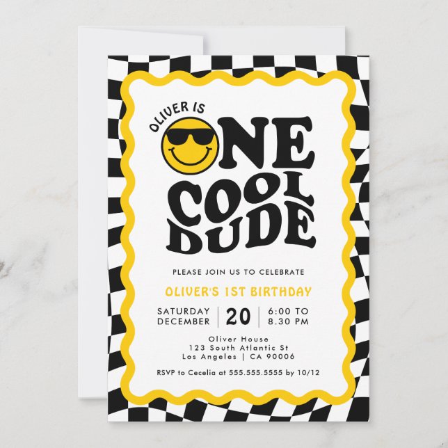 One Cool Dude | Wavy Happy Face Boy 1st Birthday Invitation (Front)