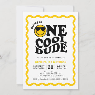 One Cool Dude Yellow Happy Face Boy 1st Birthday Invitation