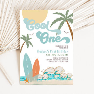 ONE Cool Surfing Boy 1st Birthday Beach Party Invitation