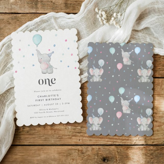 One Cute Baby Elephant 1st Birthday Party Invitation (Cute baby elephant first birthday party invitations for 1st birthdays)