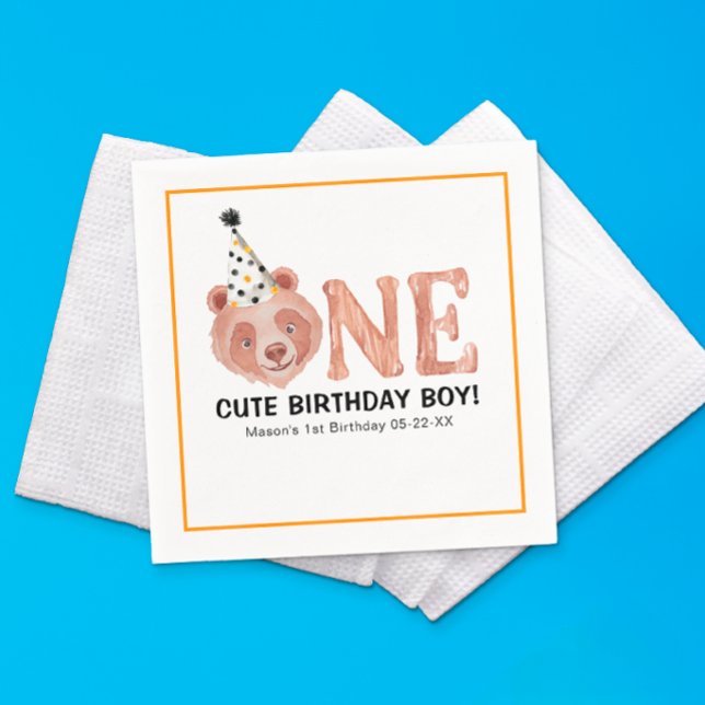 One Cute Birthday Boy Bear Napkins – 1st Birthday  (One Bear-y Cute Birthday Napkin Design)