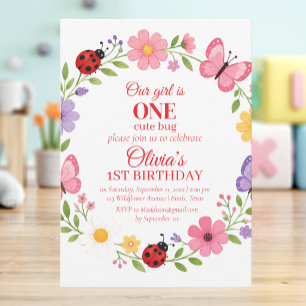 ONE Cute Bug Ladybug 1st Birthday Invitation