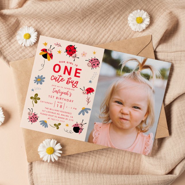 ONE Cute Bug Ladybug 1st Birthday Party Photo Invitation (Creator Uploaded)