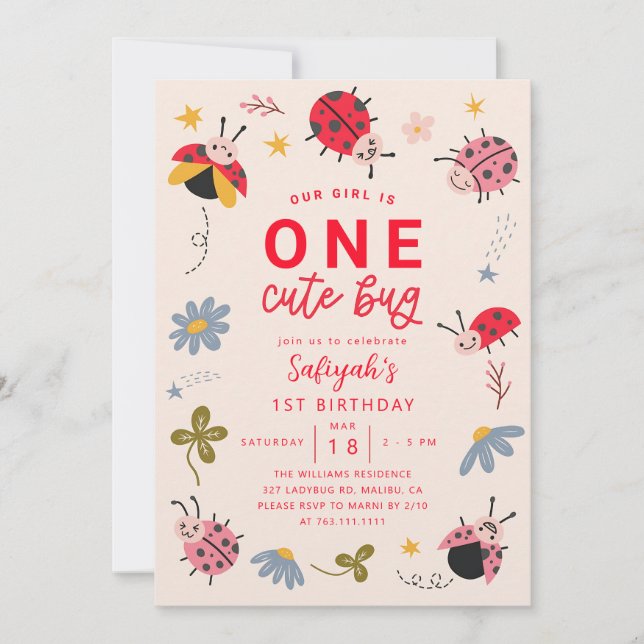 One Cute Bug Ladybug Girl 1st Birthday Invitation (Front)
