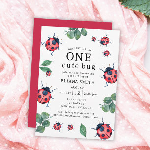 One Cute Bug Watercolor Ladybug Girl 1st Birthday Invitation