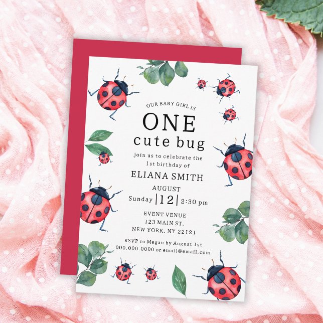 One Cute Bug Watercolor Ladybug Girl 1st Birthday Invitation (One Cute Bug Watercolor Ladybug Girl 1st Birthday Invitation)