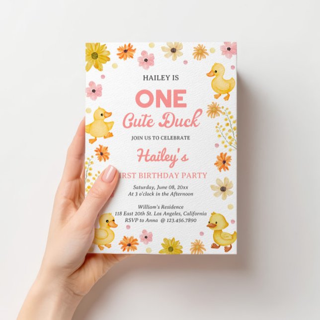 One Cute Duck First Birthday Invitation (One Cute Duck first birthday invitation for a sweet and playful baby girl party. 🐥🎉)