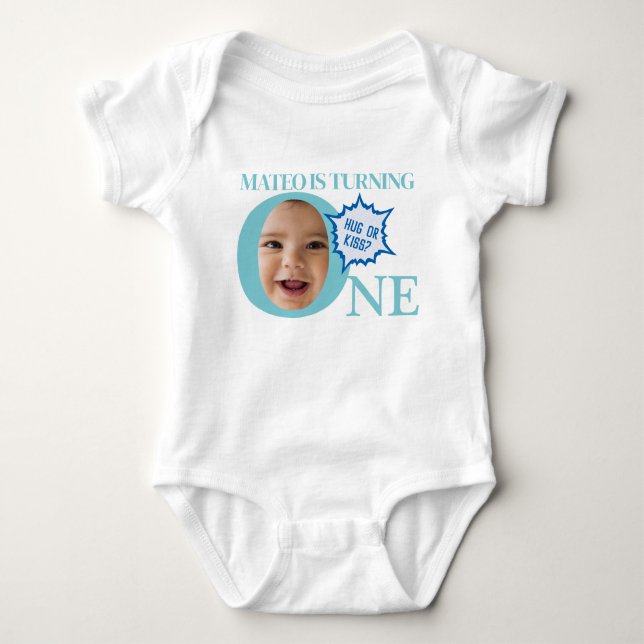 ONE! cute face baby rompers | light blue Bodysuit (Front)