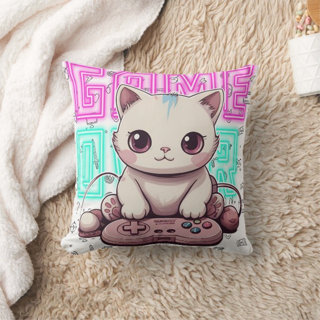 One Cute Kawaii Gamer Cat, game over Cushion (Blanket)
