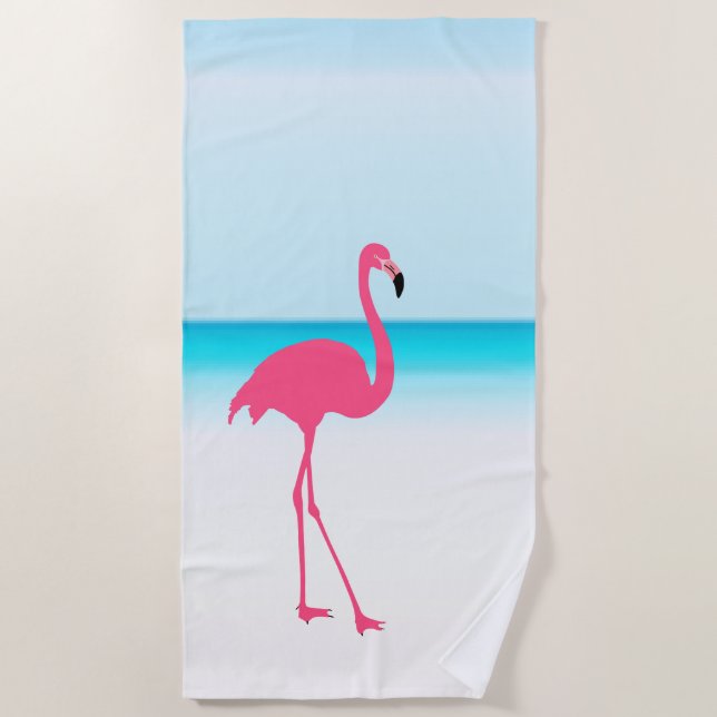 One cute pink flamingo on the beach beach towel (Front)