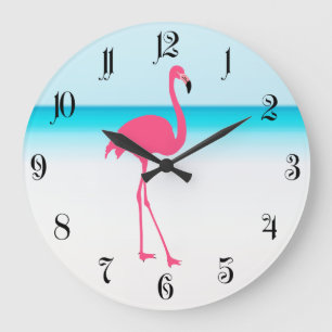 One cute pink flamingo on the beach large clock