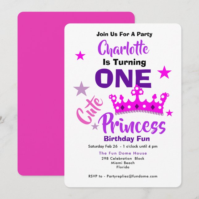 One Cute Princess 1st Birthday Personalised Invitation (Front/Back)