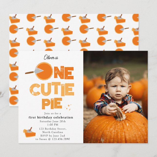 One Cutie Pie Invite 1st First Birthday Cute Photo (Front/Back)