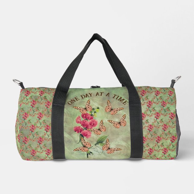 One Day At A Time Butterfly Flower Inspirational Duffle Bag (Front)